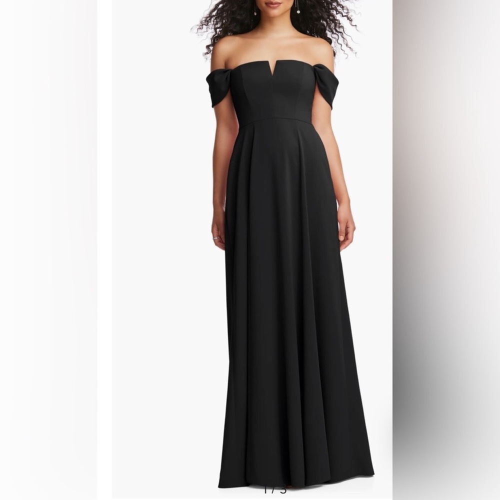 Off the shoulder crepe grown by Dessy Collection